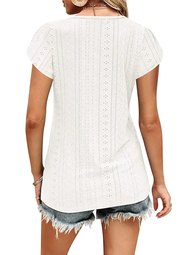 Women's T shirt Tee Light Blue Black White Plain Button Short Sleeve Casual Basic V Neck Regular S