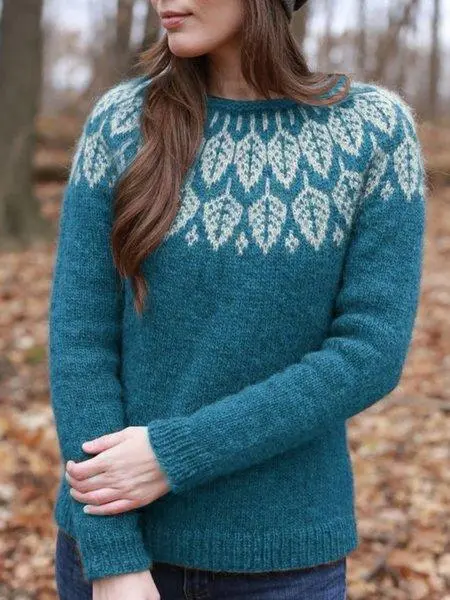 Knitted Printed Casual Crew Neck Sweater