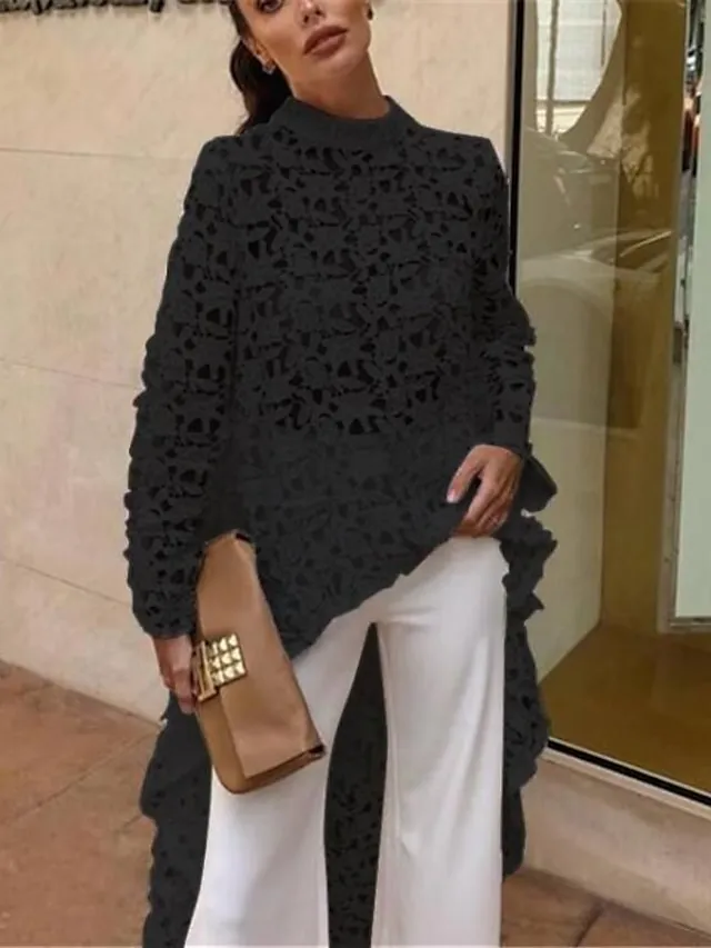 Women's Shirt Blouse Tunic Black White Yellow Plain Lace See Through Long Sleeve Casual Going out Elegant Round Neck Long Slim S