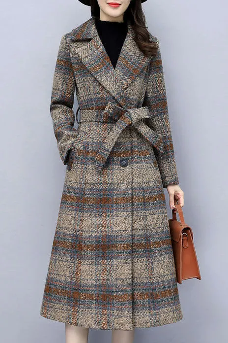 Plaid Front Belt Double Breasted Lapel Coat