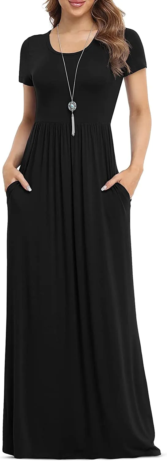 Women's Short Sleeve Loose Plain Maxi Dresses Casual Long Dresses with Pockets