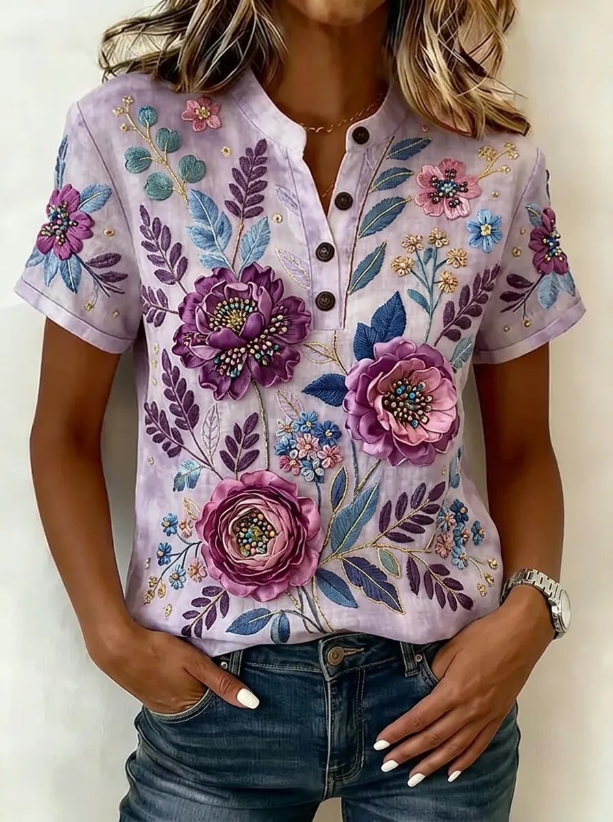 Women's Nashville Floral Embroidery Printed Henley Shirt