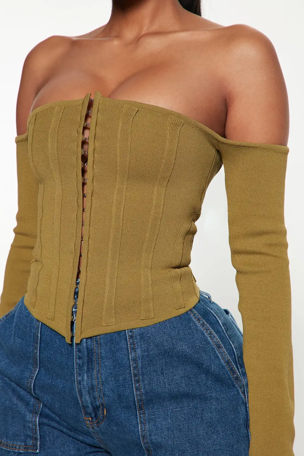 Cutting Edge Off The Shoulder Corset Top - Olive