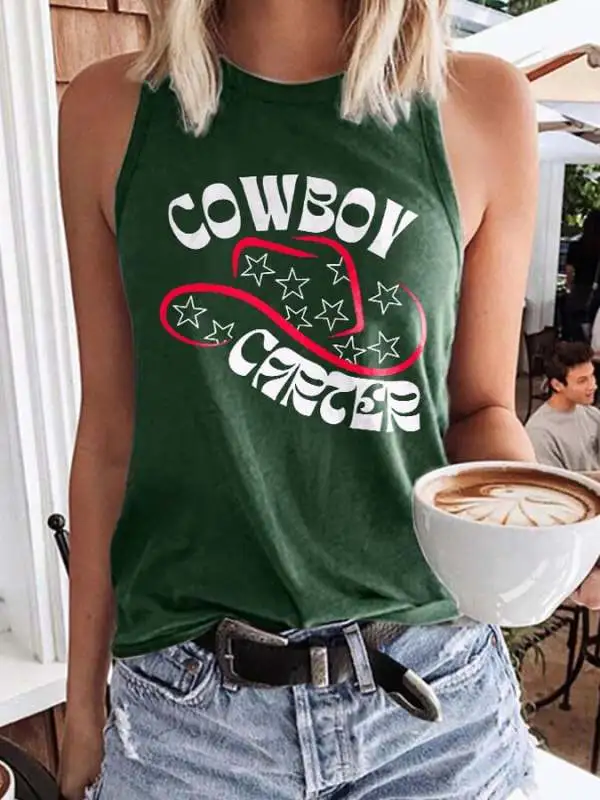 Retro Western Cowboy Hat Print Vest