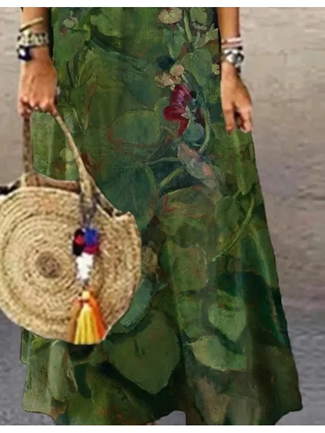 Women's Casual Dress Ethnic Dress Long Dress Maxi Dress Green 3/4 Length Sleeve Floral Print Summer Spring Fall V Neck Classic Vacation 2023 S M L XL XXL 3XL 4XL