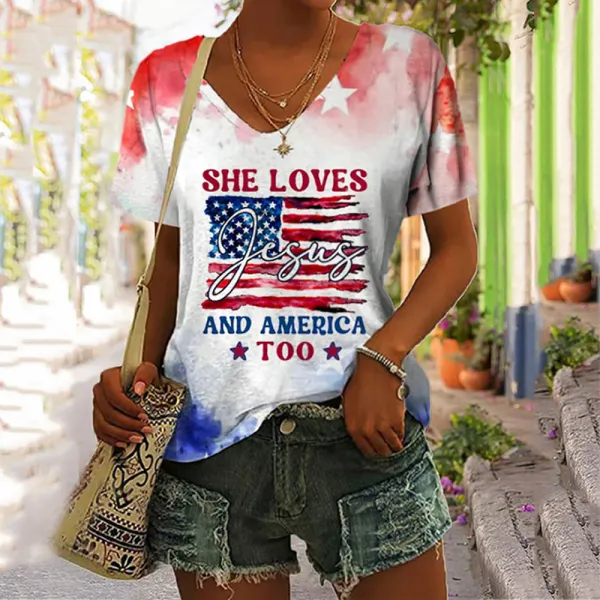 Women's Flag Independence Day She Loves God And America Printed Casual T-shirt