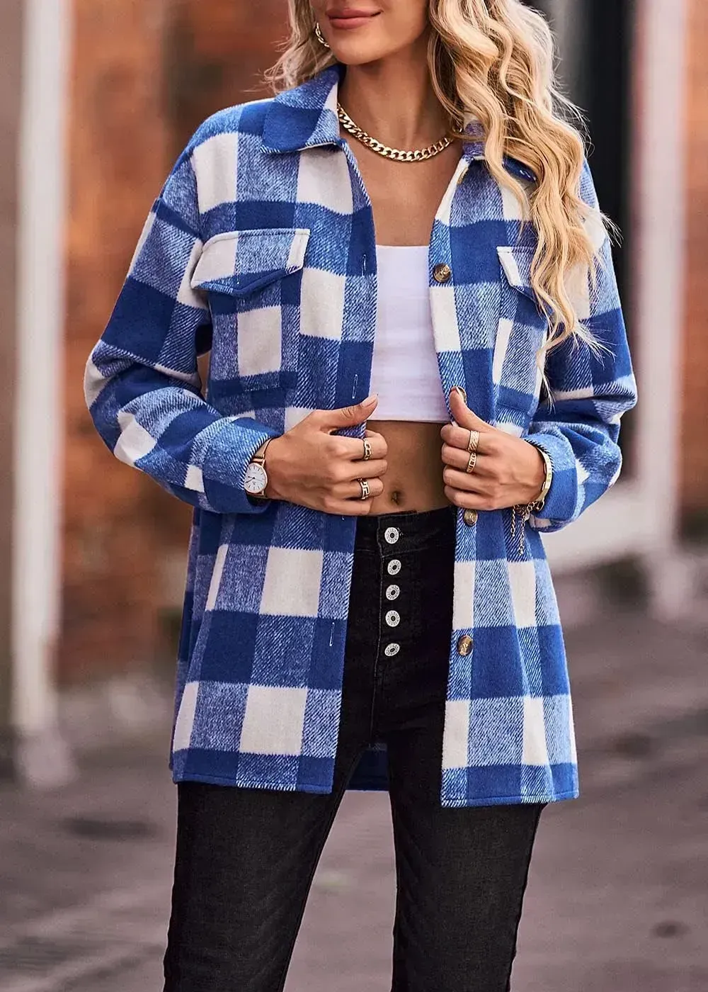Women's 2023 Fall Clothes Plaid Shacket Jacket Long Sleeve Button Down Flannel Shirts Fashion Blouse