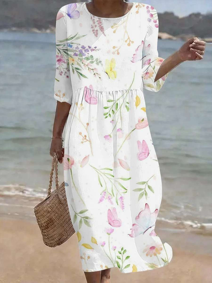 Women's Casual Mid Sleeve Floral Printed Cotton And Linen Dress