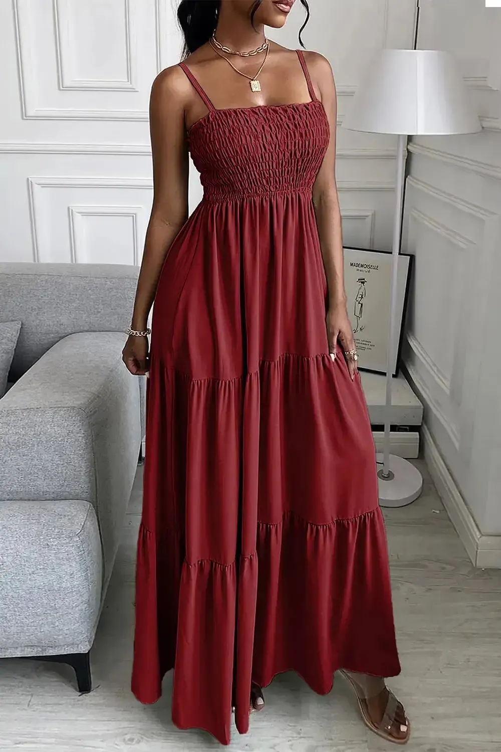 Sleeveless Spaghetti Strap Smocked Tiered Maxi Dress