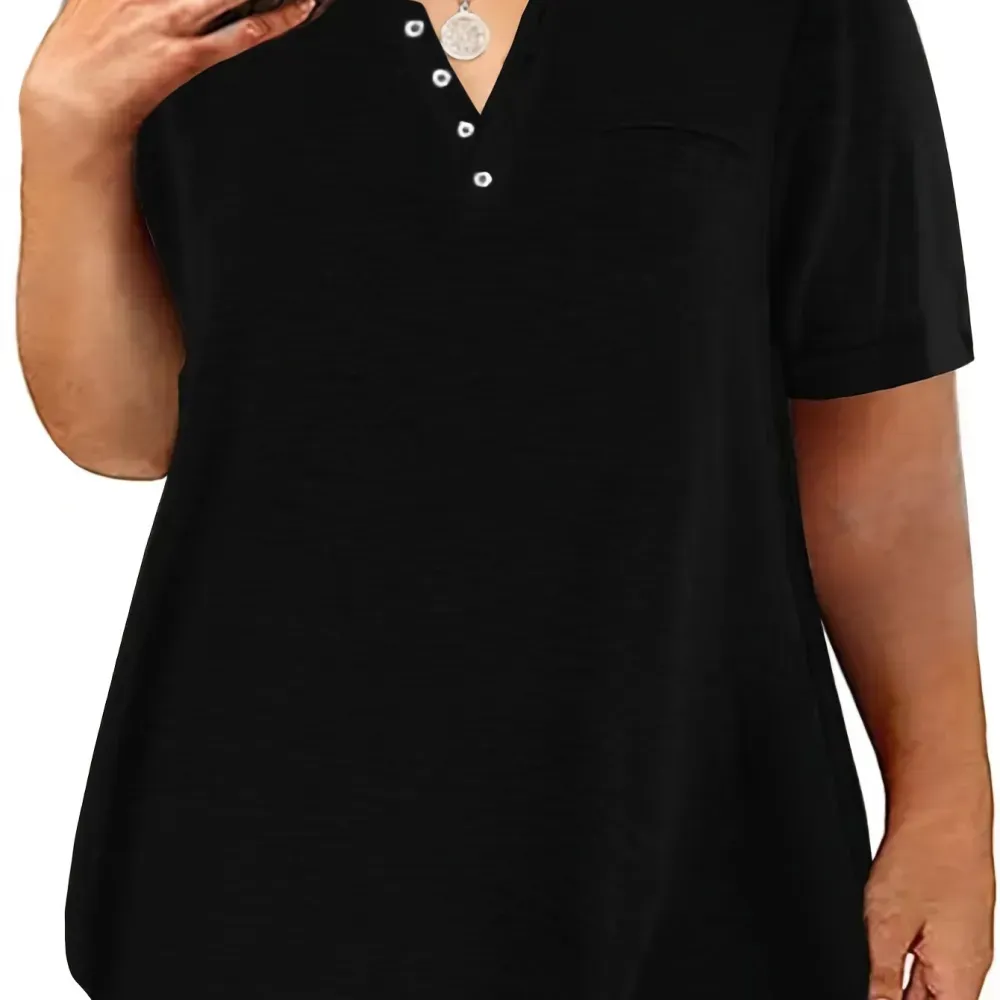 Plus Size Button Front Short Sleeve T-shirt, Women's Plus Slight Stretch Casual Tee