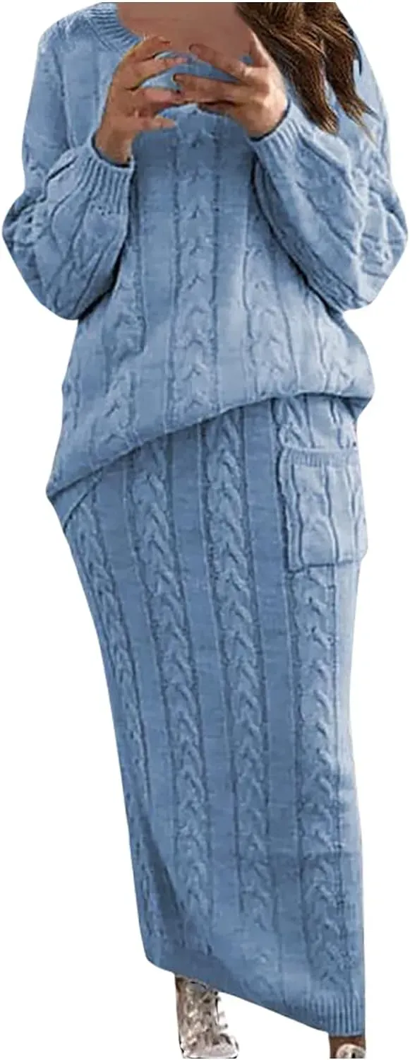 Women 2 Piece Outfits Knitted Sweater Tops and Long Skirt Turtleneck Long Sleeve Bodycon Dress Set Chunky Cable Knit