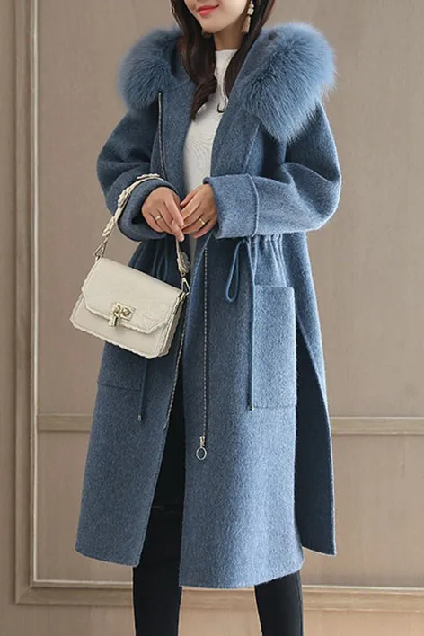 Solid Color Fur Collar Long Coat