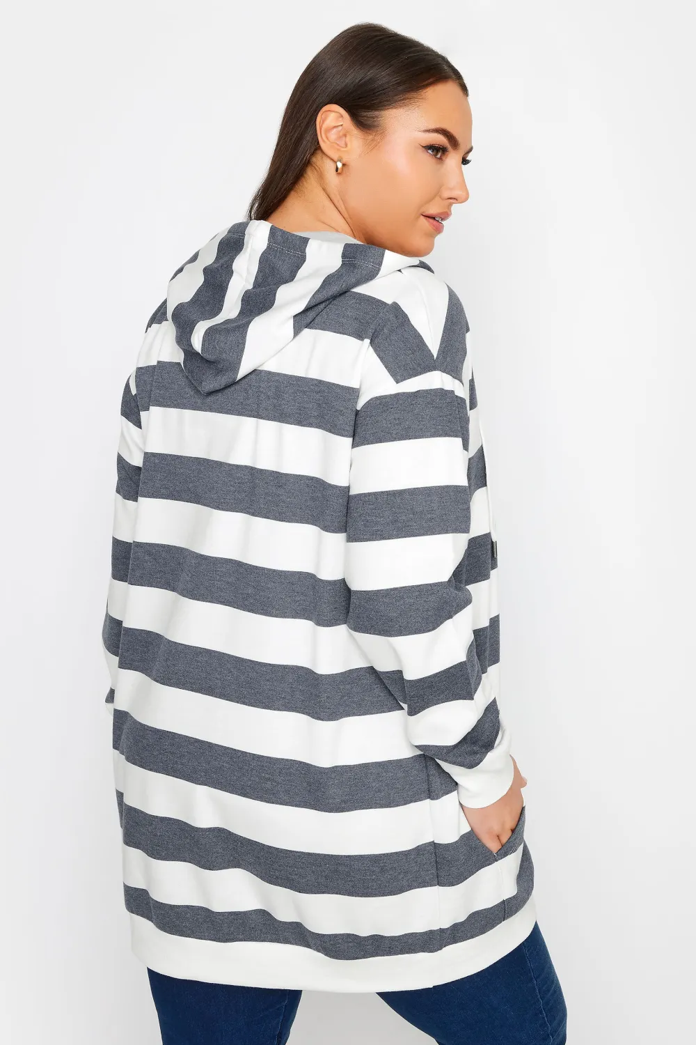 YOURS Curve Dark Blue Stripe Zip Through Hoodie