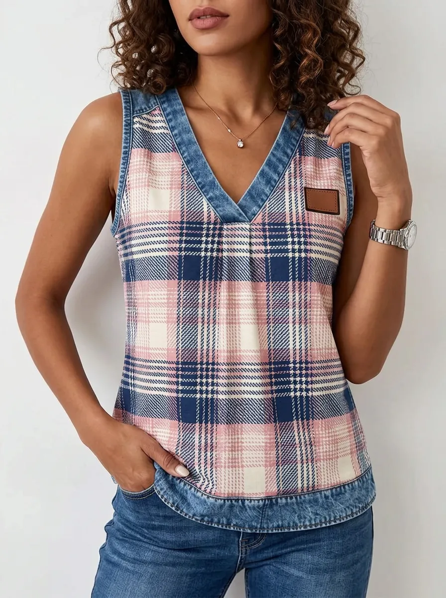 Women's Nashville Country Plaid Denim Trim Printed Tank Top