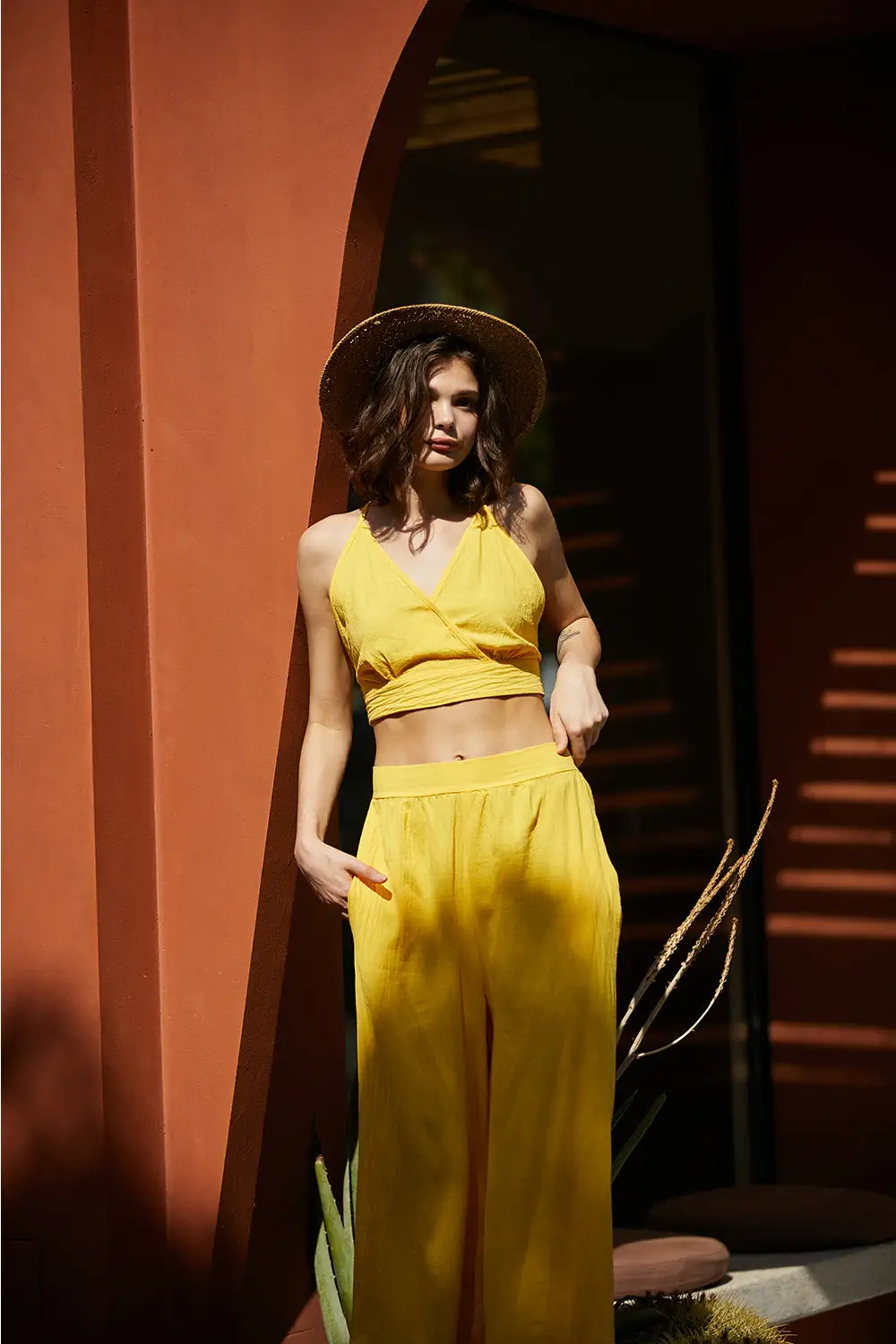 Spaghetti Strap Camisole Crop Top Casual Wide Leg Long Pants Linen Set