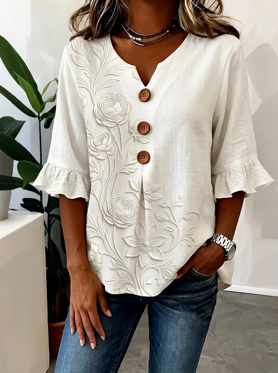 Women's Nashville Floral Embroidered Buttoned Ruffle Sleeve Top