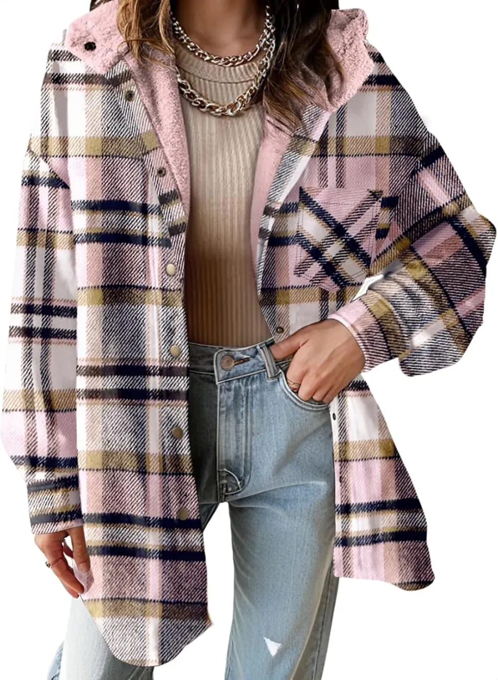 Women's Flannel Hooded Plaid 2025 Shacket Thick Coat Winter Coat for Warmth Button down Warm and Fuzzy Fleece Jacket