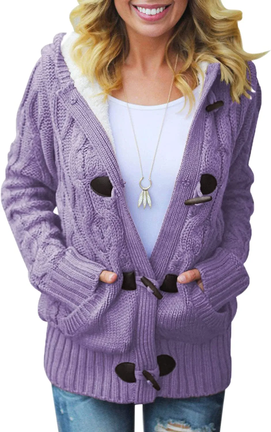 Womens Hooded Cardigans Button Up Cable Knit Sweater Coat Outerwear with Pockets