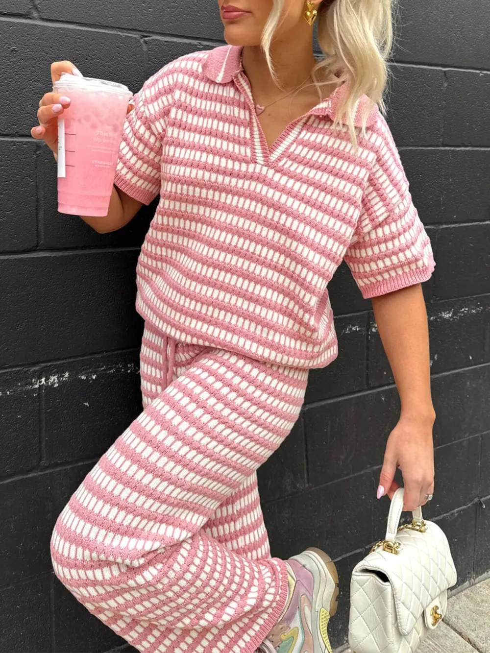 Womens 2 Piece Outfits Striped Short Sleeve Sweater Tops Knit Sets Wide Leg Pants Lounge Set