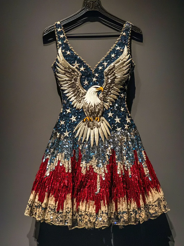 Women's Independence Day Flag Bald Eagle Print Sleeveless Dress