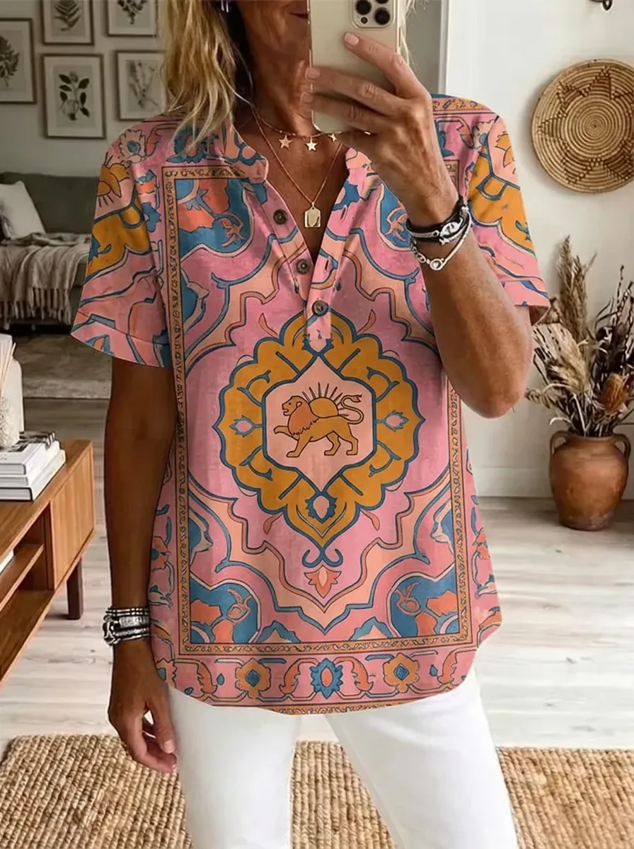 Women's Nashville Boho Lion Floral Printed Henley Shirt