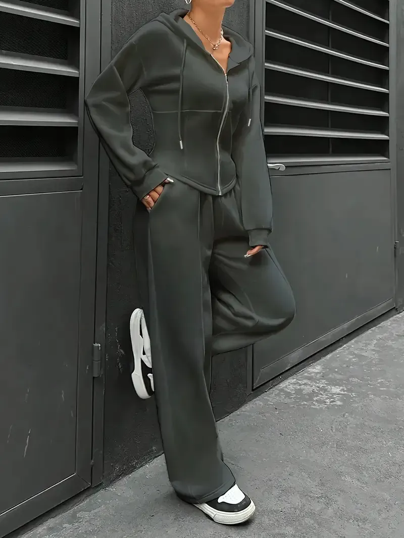 [All Seasons Polyester Hooded Tracksuit] Women'S Elegant Solid Color Polyester Hooded Tracksuit Set with Drawstring and Zipper Details – Knit Fabric Pantsuit for All Seasons