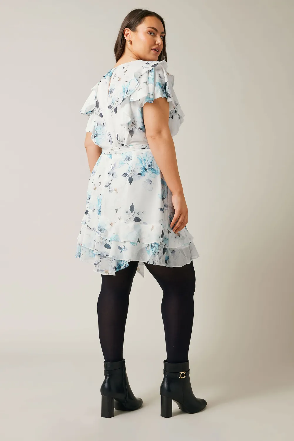 EVANS Curve White Blue Floral Print Ruffle Dress