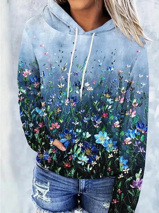 Women's Hoodie Sweatshirt Pullover Vintage Basic Front Pocket Yellow Light Green Blue Floral Street Casual Hoodie Long Sleeve Top Micro-elastic Fall & Winter