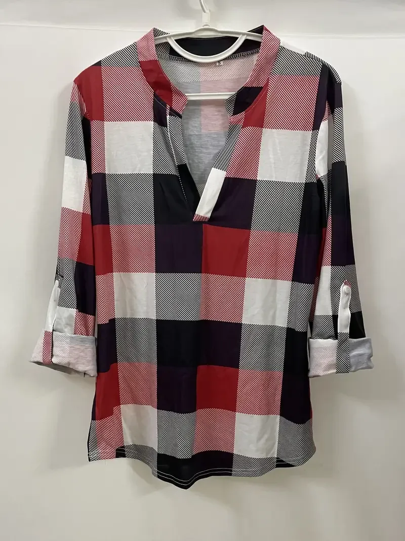 Casual Plaid Shirt, Long Sleeve V-neck Shirt, Casual Every Day Tops, Women's Clothing