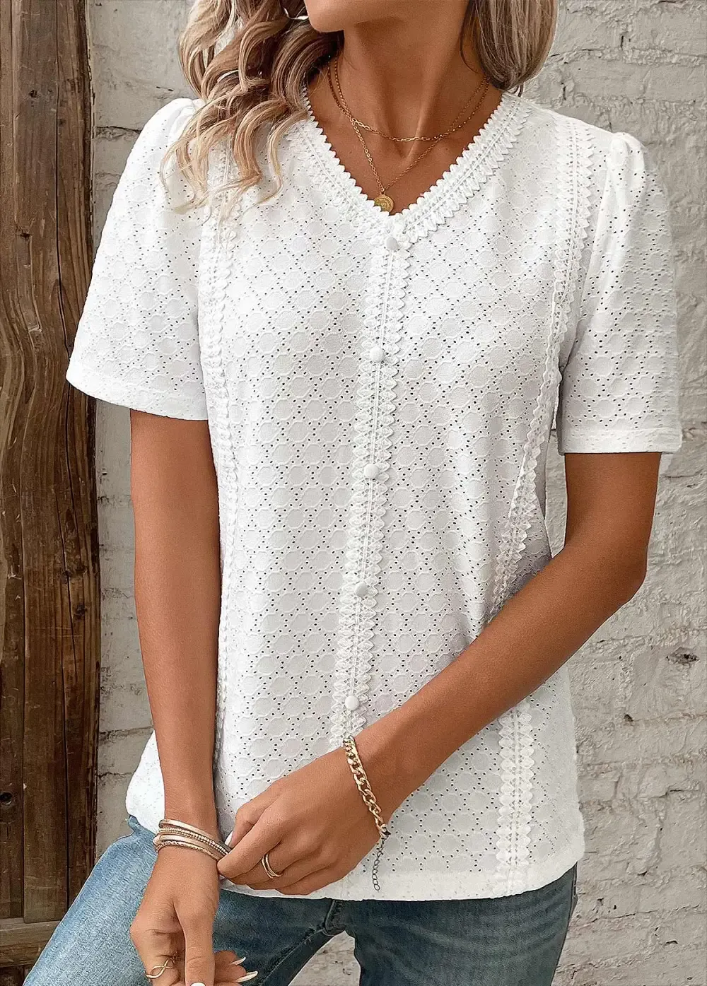 White Patchwork Short Sleeve V Neck Blouse