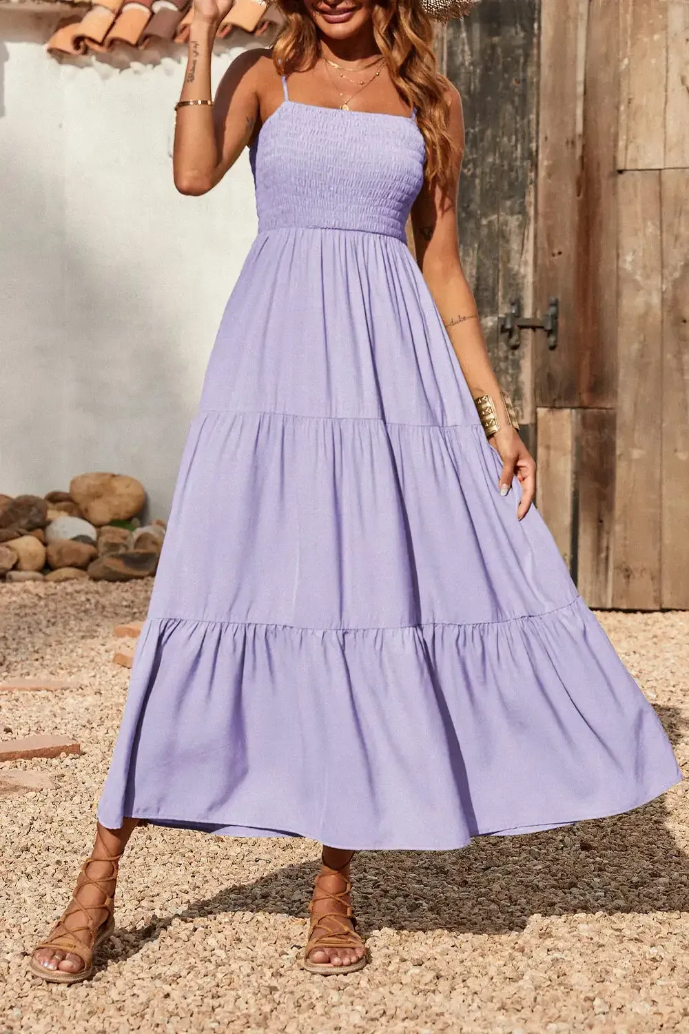Sleeveless Spaghetti Strap Smocked Tiered Maxi Dress