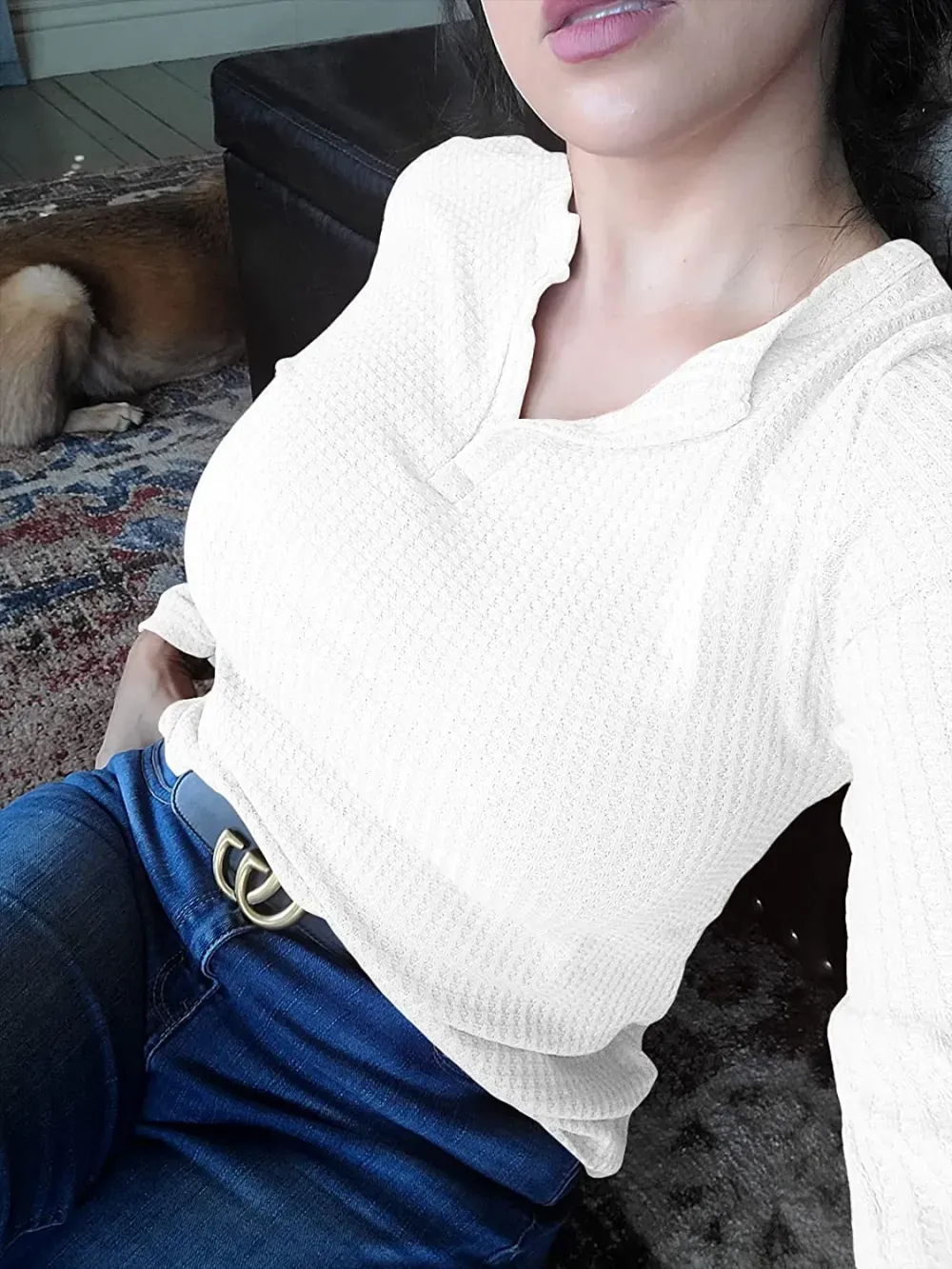 Women's V Neck Waffle Knit Henley Tops Casual Long Sleeve Pullover Sweater Blouses