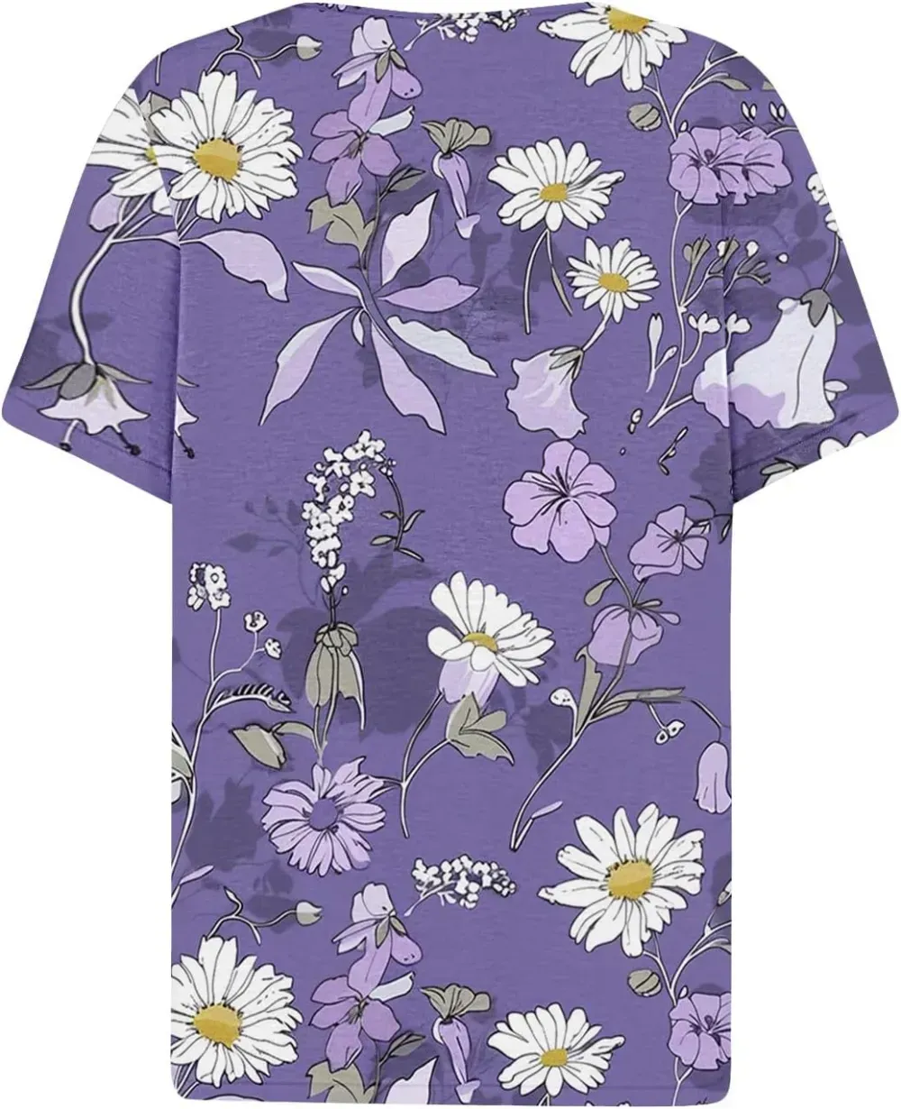 Shirts for Women Casual Printed Summer Tops Short-Sleeved Button V-Neck Tops Blouse Fashion Boho T-Shirts