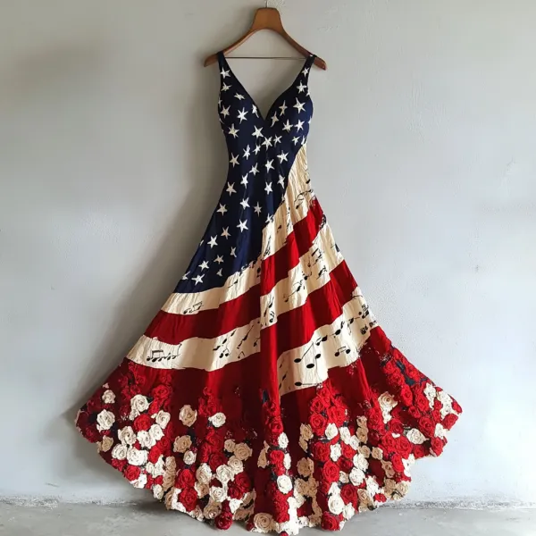 Women's Independence Day Flag And Floral Musical Notes Pattern Sleeveless Dress