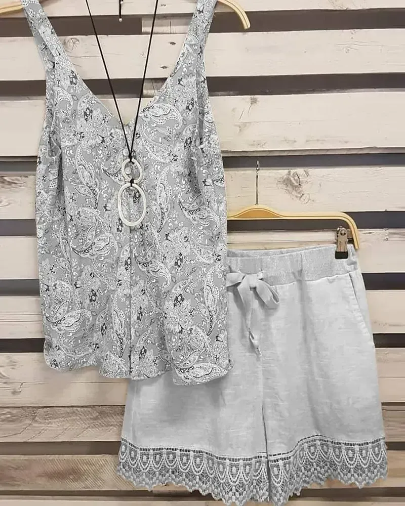 Floral Print V Neck Sleeveless Two Piece Suit