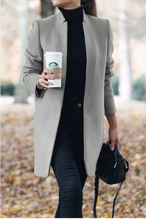 Solid standing collar slim long faux woolen coat