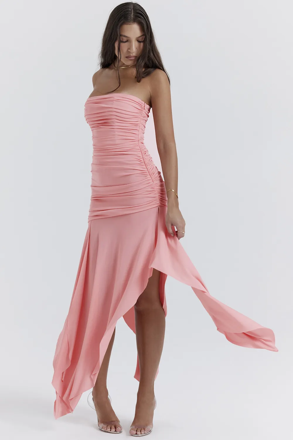 PINK GATHERED ASYMMETRIC DRESS