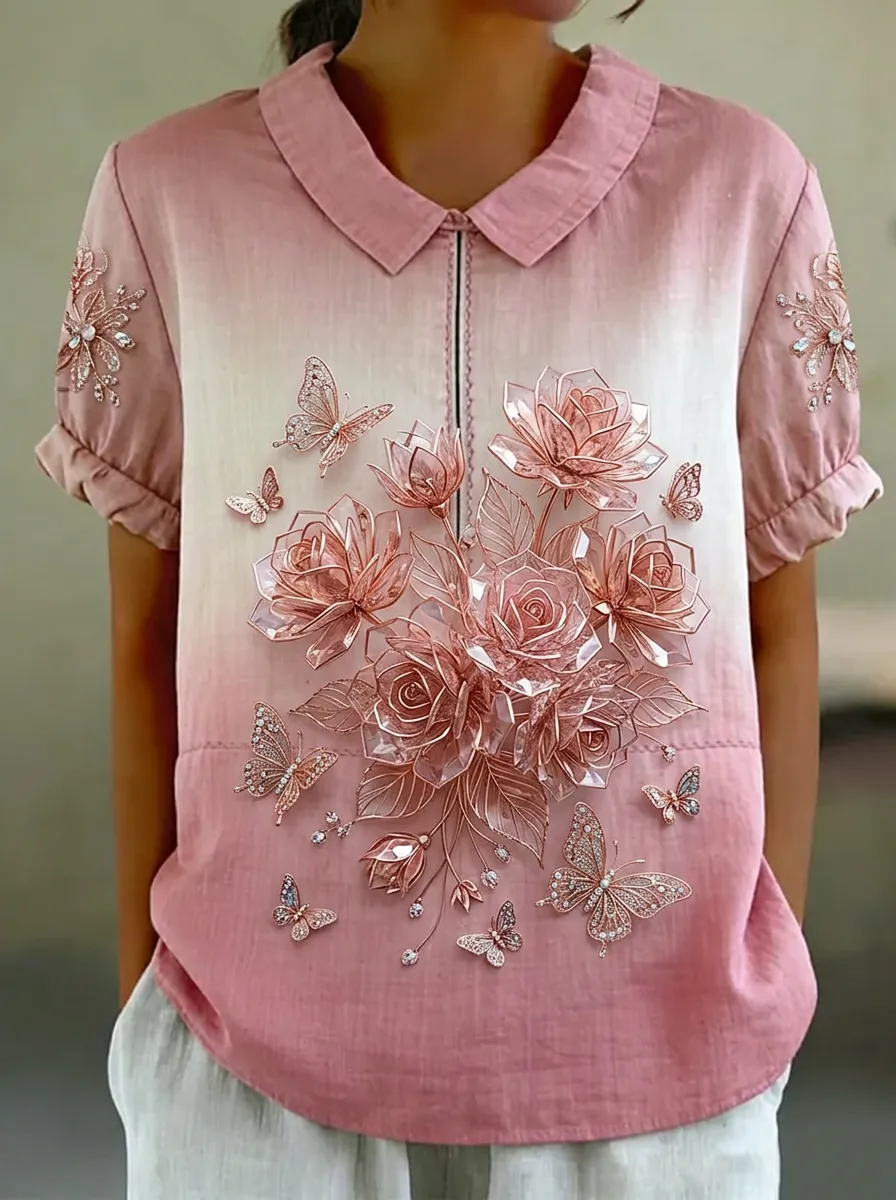 Women's Nashville Rose Butterfly Floral Printed Polo Shirt