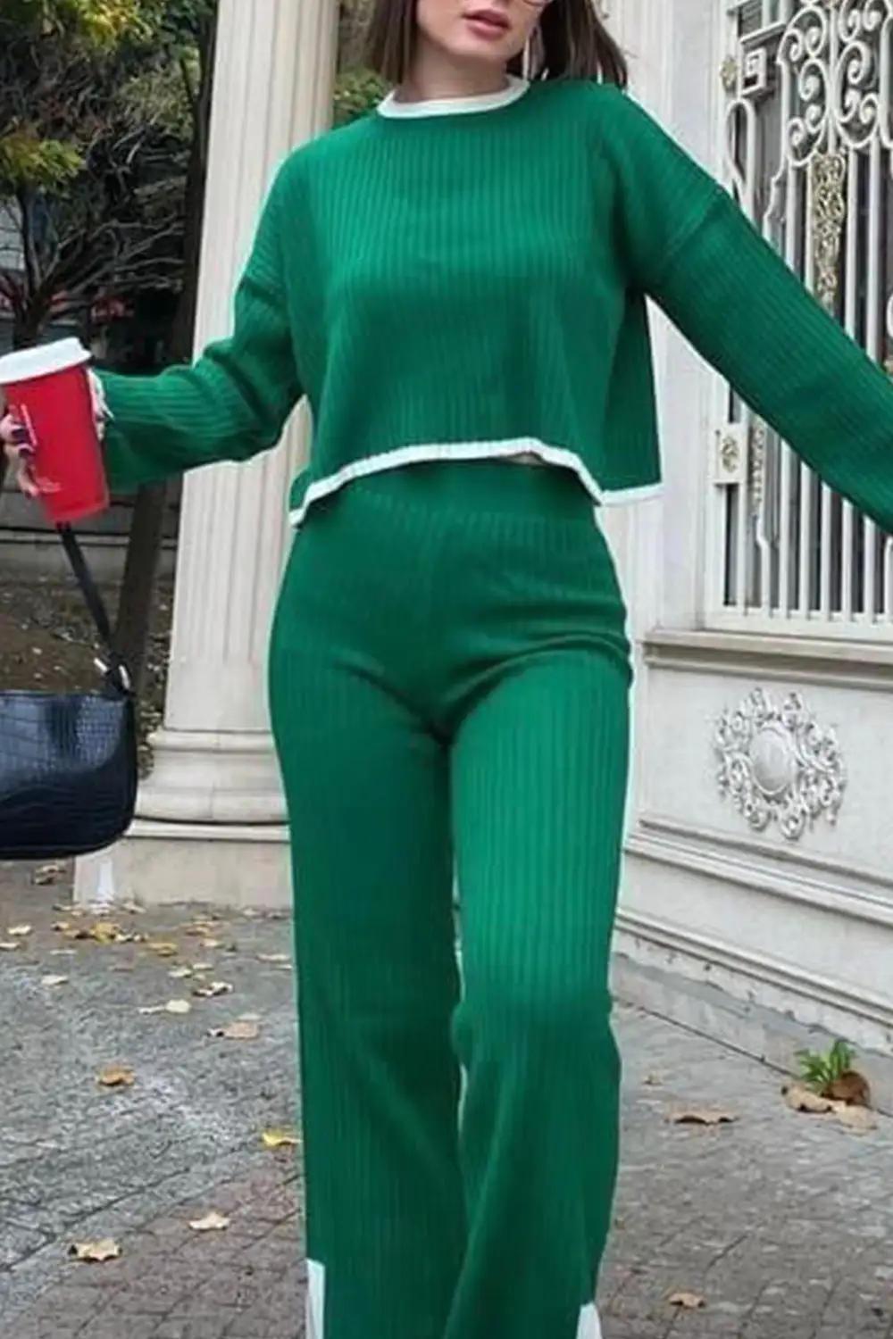 Contrast Ribbed Knit Crop Top Slit Long Pants Set