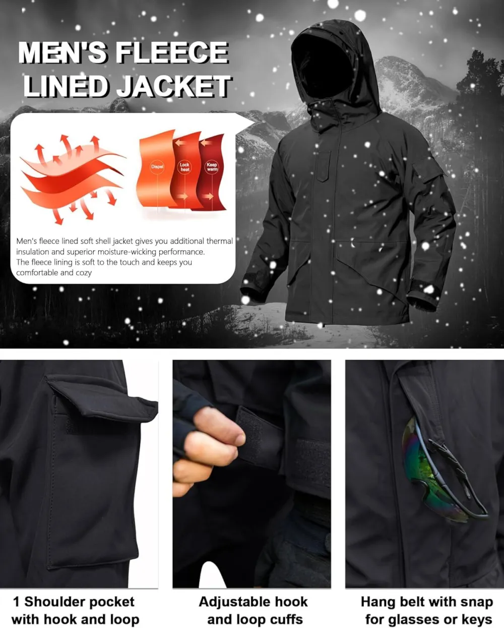 Men's Fleece Lined Soft Shell Jacket Winter Waterproof Hooded Coat Windproof Camo Tactical Jacket