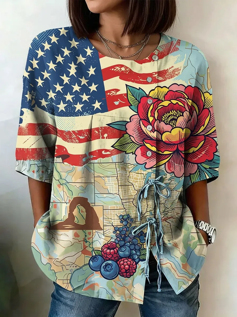 Women's Nashville USA Flag Floral Map Printed Button-up Top