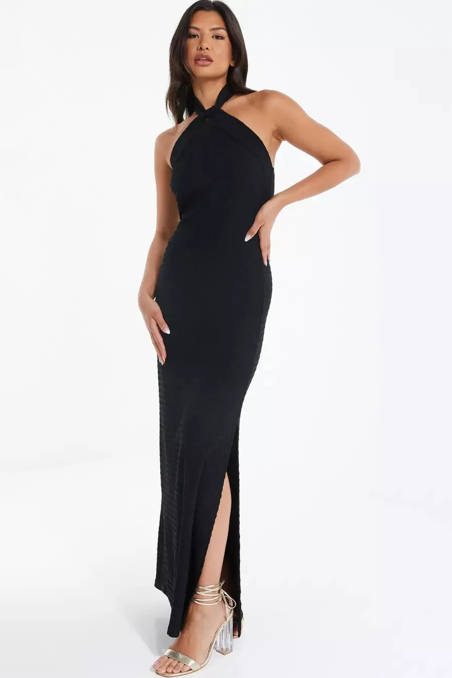 Black Halterneck Textured Maxi Dress