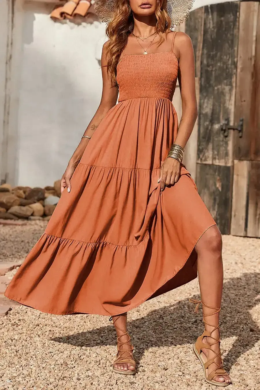 Sleeveless Spaghetti Strap Smocked Tiered Maxi Dress