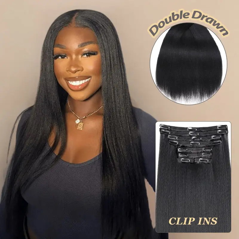 Double Drawn Yaki Straight Clip In Hair Extensions Human Hair Clip Ins 120g 8pcs With 18 Clips