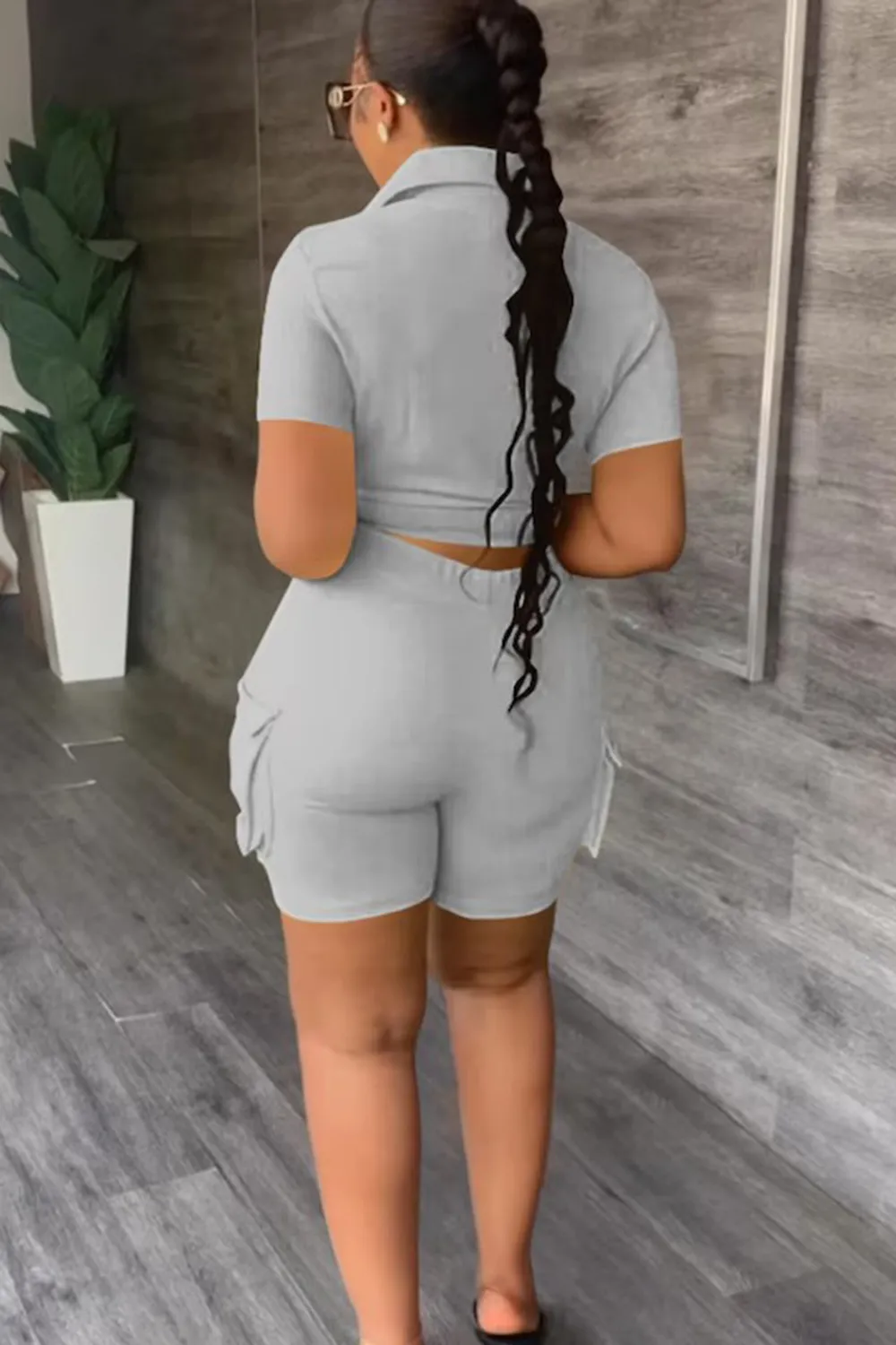 Letter Print Solid Color Blouse With Trendy Cargo Shorts Set