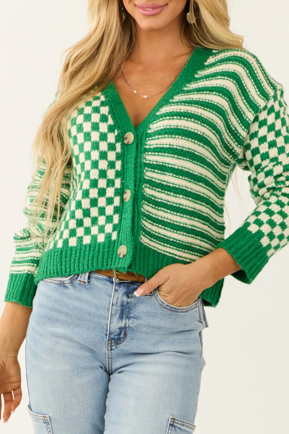 Jade and Cream Checkered and Stripe Print Cardigan