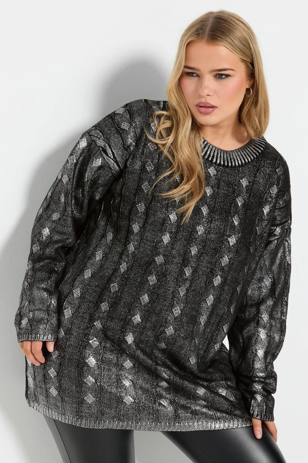 YOURS Curve Charcoal Grey Foil Cable Knit Tunic Jumper