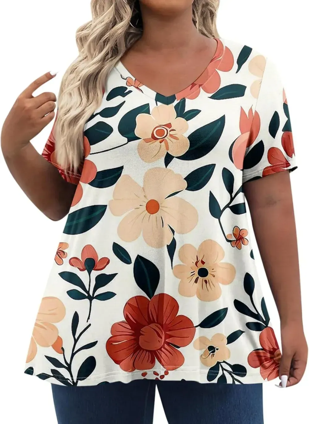 Plus Size Tops for Women Dressy Short Sleeve V Neck Shirts for Women Summer Tops for Women 2024 Floral Print Top