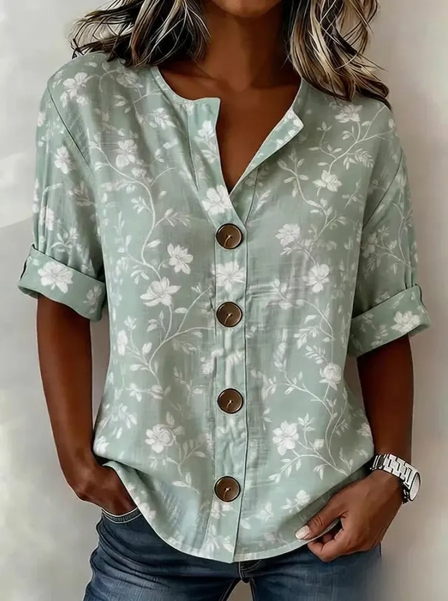 Women's Nashville Floral Botanical Printed Button-Down Top