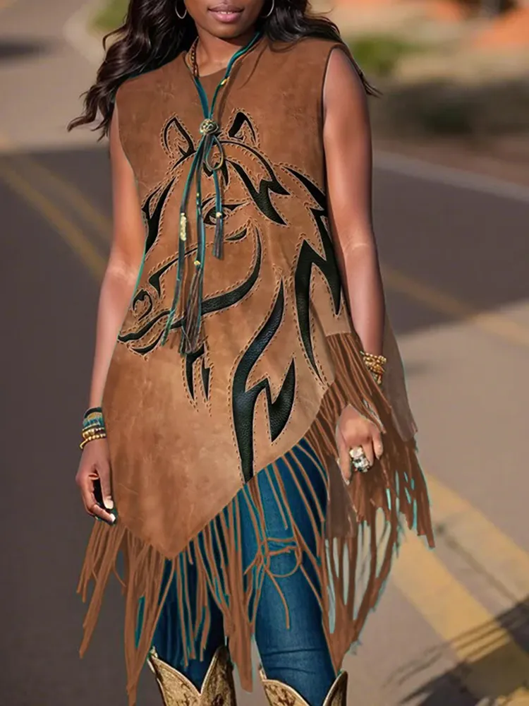 Crew Neck Horse Head Print Tassel Irregular Vest